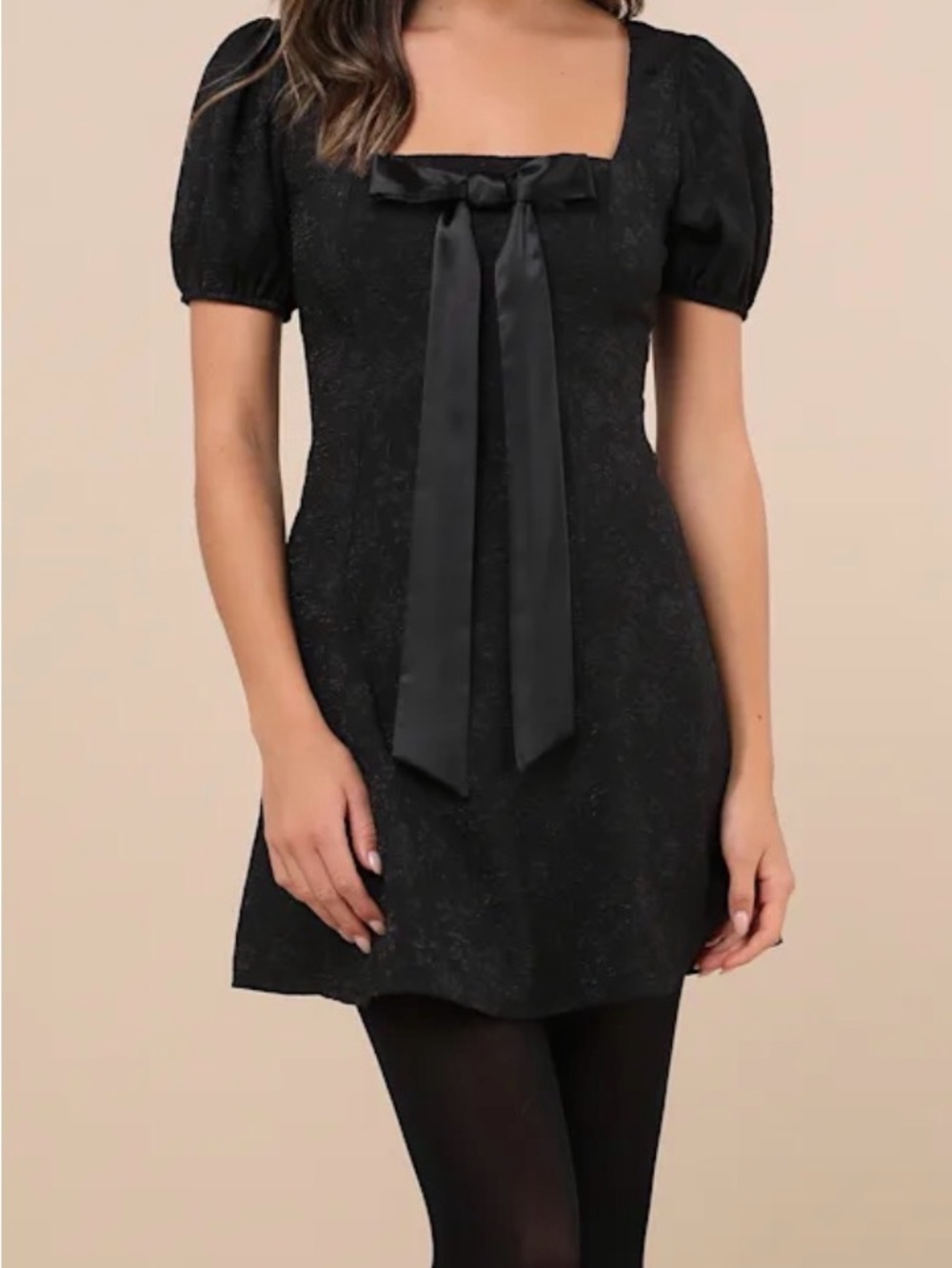 NEVER WORN Lulu's Black Square-Neck Bow-Front Puff Sleeve Mini Dress
